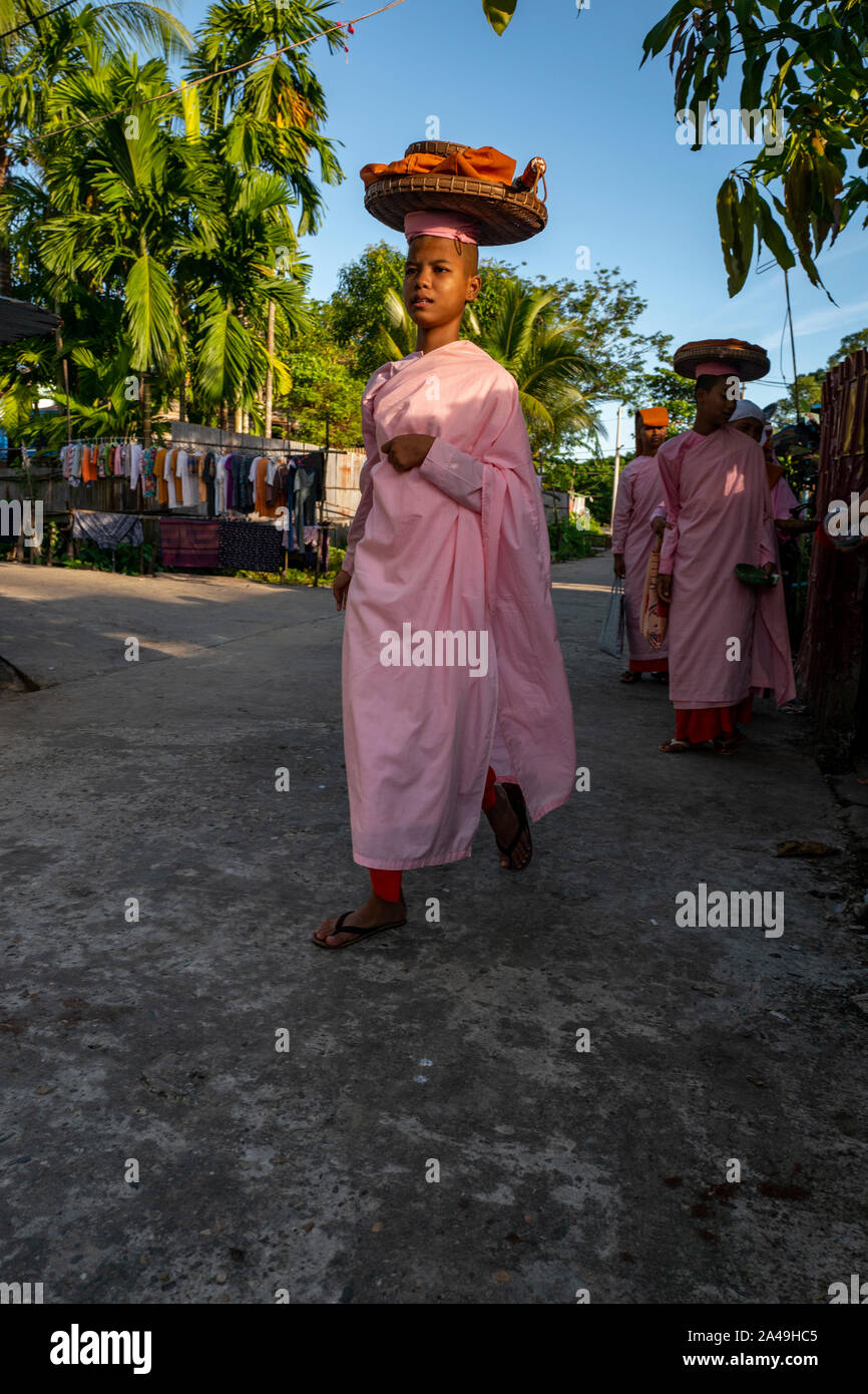 Les nonnes bouddhistes à Yangon, Myanmar portant la traditionnelle robe rose Banque D'Images