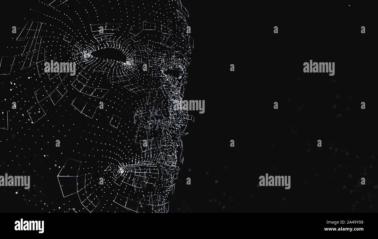 Visage humain composé de lignes et points lumineux. 3D illustration sur fond noir Banque D'Images