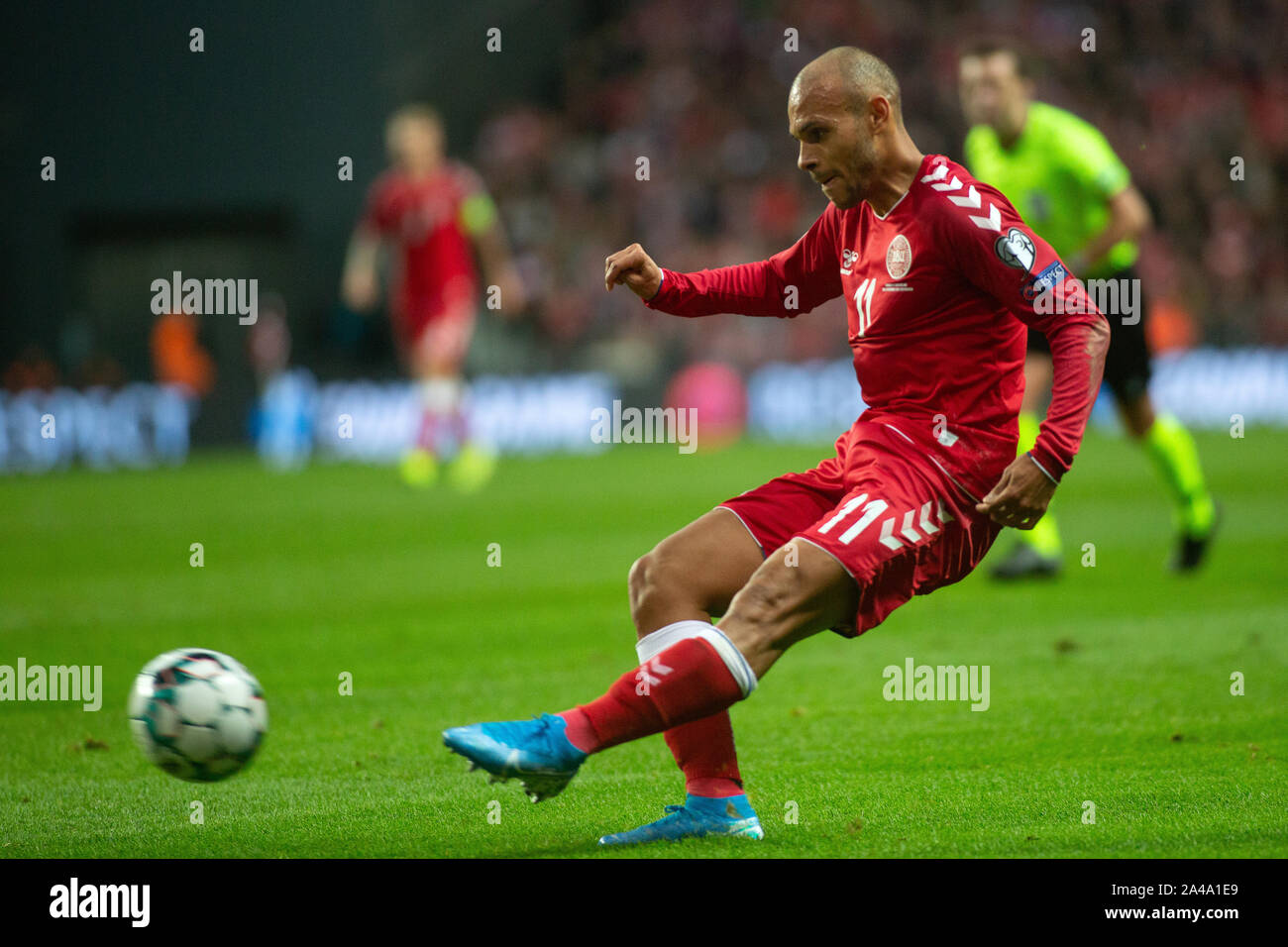 Copenhague, Danemark. 12 octobre, 2019. Danemark, Copenhague. 12e, octobre 2019. Martin Braithwaite (11) du Danemark vu au cours de l'EURO 2020 match de qualification entre le Danemark et la Suisse à Telia Parken de Copenhague. (Photo crédit : Gonzales Photo/Alamy Live News Banque D'Images