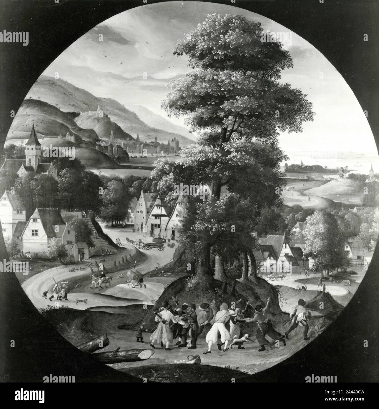 Vue d'un village, la peinture par l'artiste flamand Hans Bol, 1930 Banque D'Images