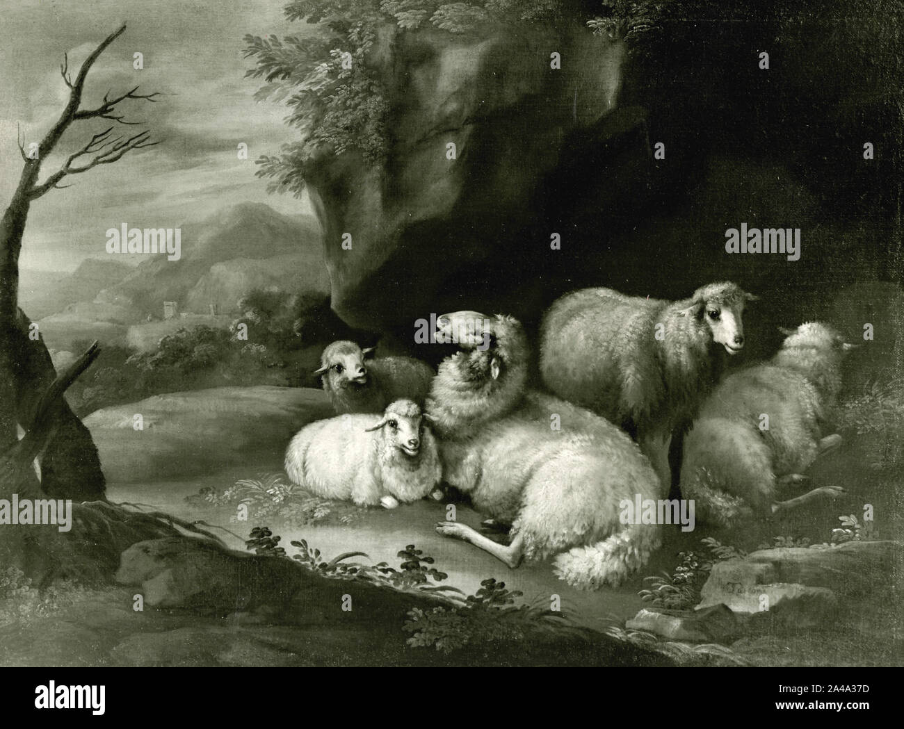 Troupeau de moutons reposant, peinture par artiste non identifié, 1930 Banque D'Images