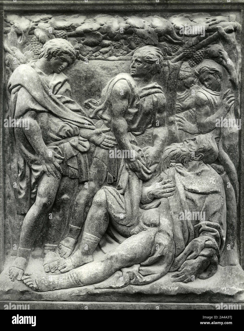 L'ivresse de Noé, bas-relief par l'artiste italien Jacopo della Quercia, portail principal, Église Saint Pétrone, Bologne, Italie 1930 Banque D'Images