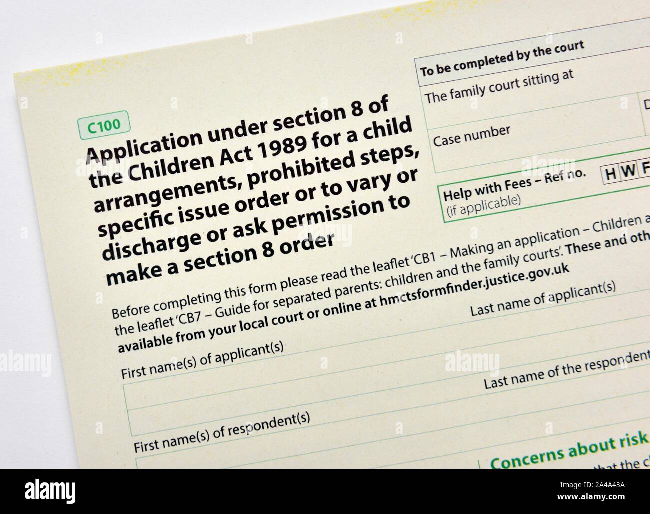 C100 Loi sur le formulaire de demande,enfants,1989,section 8 dispositions de l'enfant commande Banque D'Images