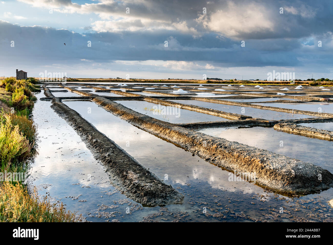 Les marais salants de l'île de Noirmoutier en France. Le soleil se lève sur des étangs, bassins et des tas de sel Banque D'Images