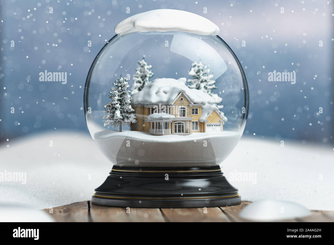 Joyeux noël snow globe avec une maison sur fond d'hiver de neige. 3d illustration Banque D'Images