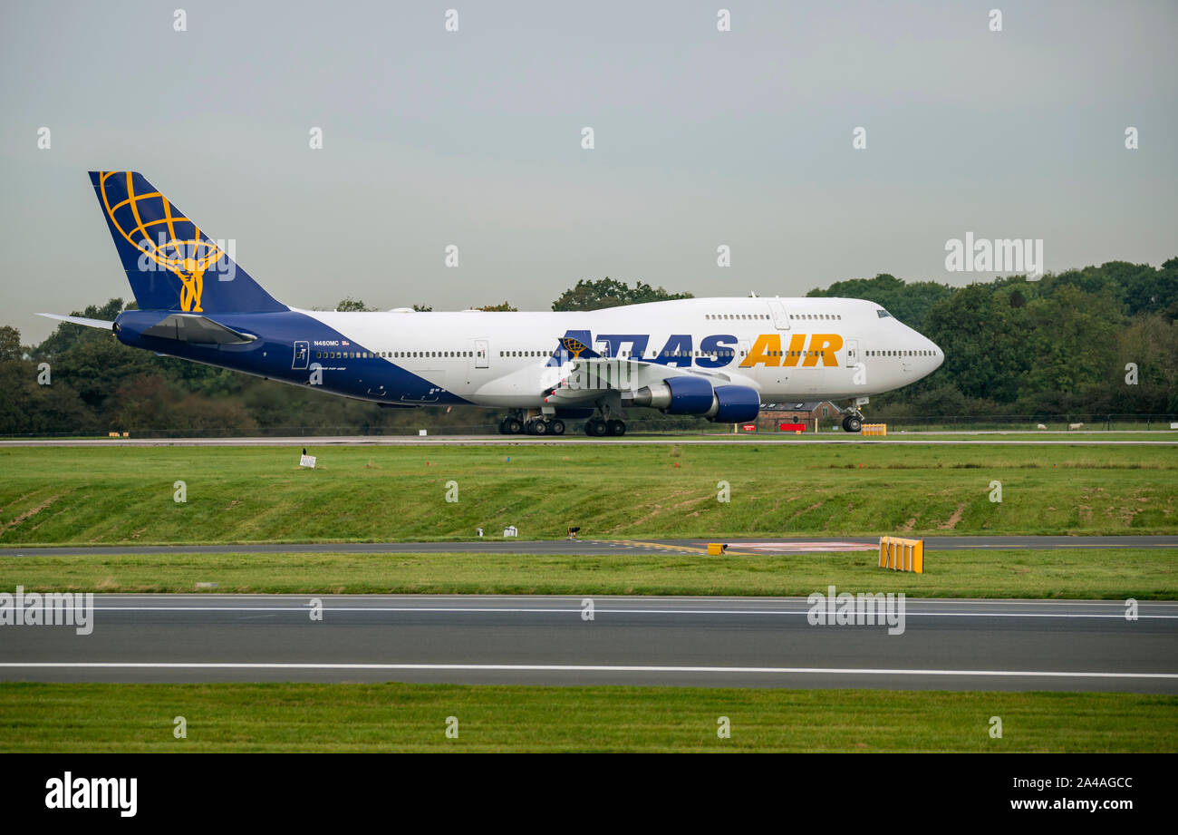 Atlas Air N480MC, Boeing, 747-422, Thomas Cook vol de rapatriement à l'aéroport de Manchester Banque D'Images