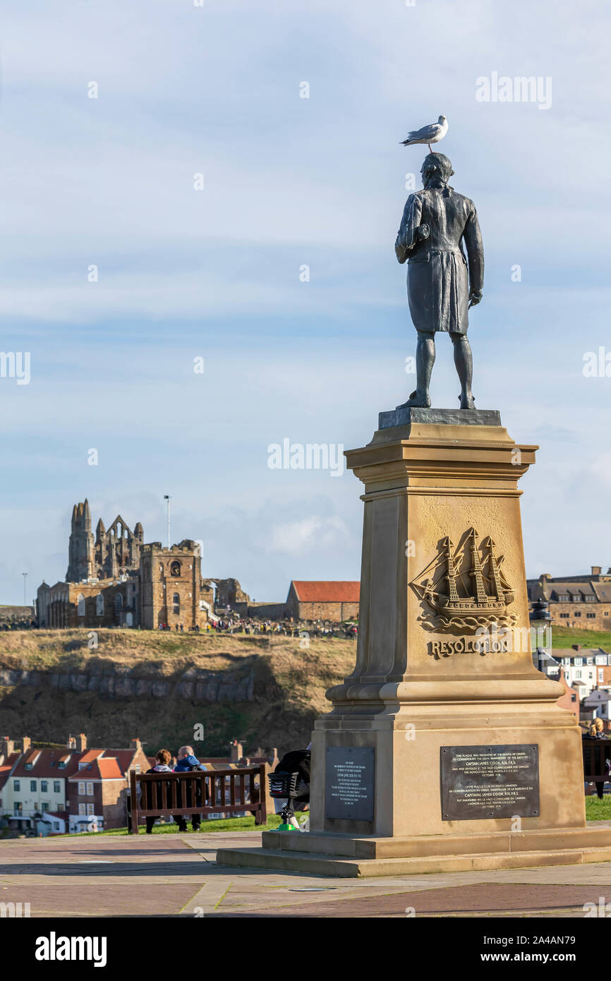 Seagull est au sommet de la Le Capitaine James Cook Memorial avec l'abbaye de Whitby et de l'église de Sainte Marie dans la distance Banque D'Images