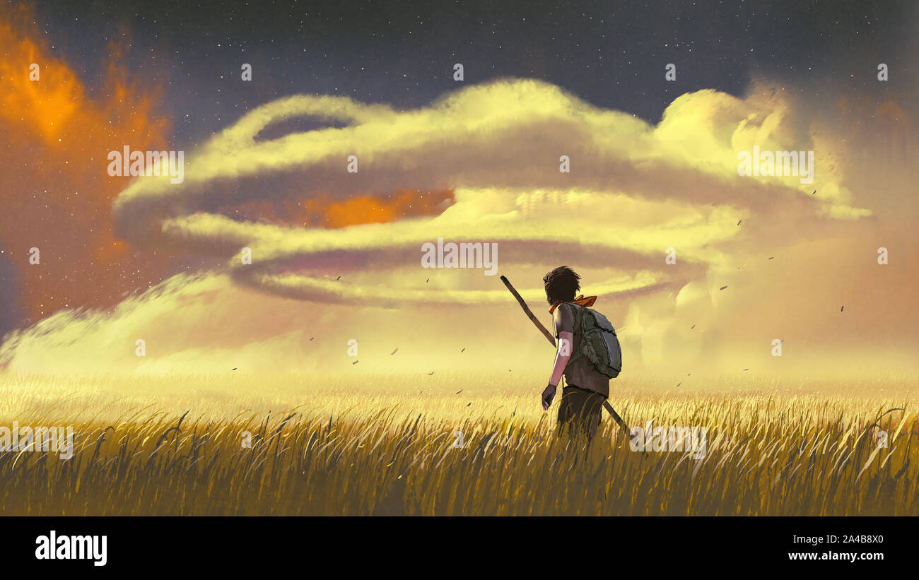 Jeune homme marcher dans un pré et à l'anneau de nuages dans le ciel, de l'art numérique, style peinture illustration Banque D'Images