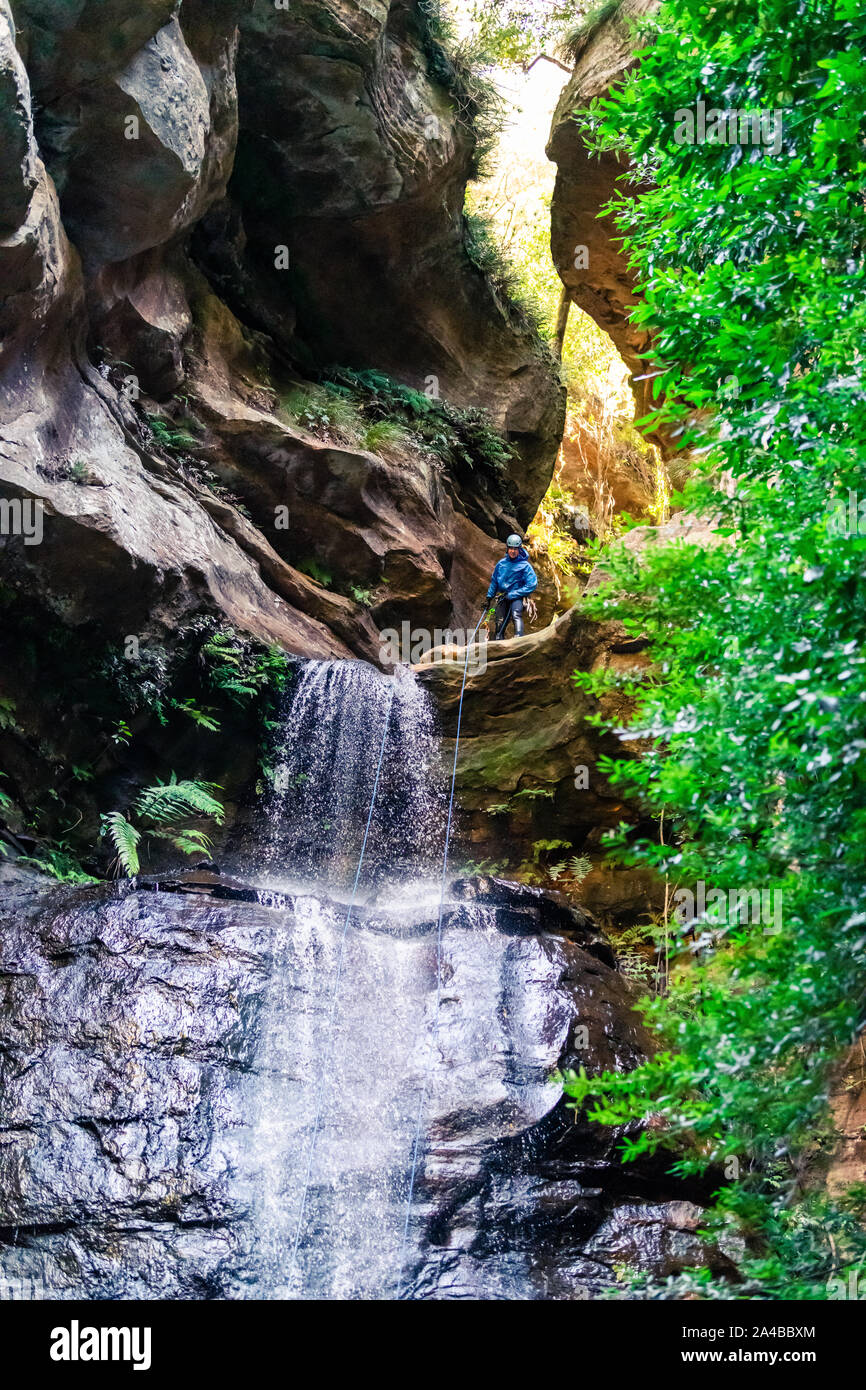 L'impératrice Falls, Blue Mountains, Australie - 7 Sept 2019 : Guide vérifie des cordes au sommet de long drop cascade sur roches glissantes, avec corde, Banque D'Images