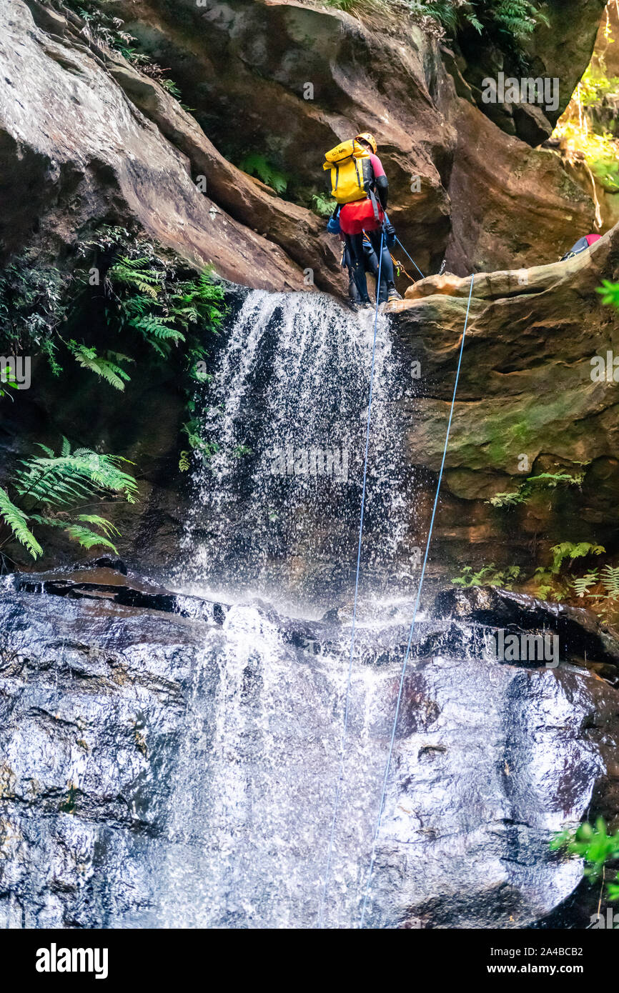 L'impératrice Falls, Blue Mountains, Australie - 7 Sept 2019 : Guide get ready grimpeur au sommet de long drop cascade sur roches glissantes, avec Banque D'Images