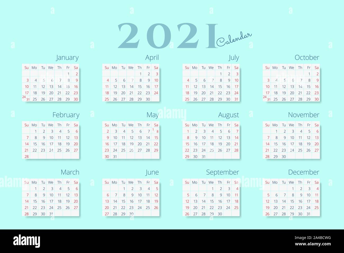 Modèle de calendrier pour l'année 2021 sur fond de couleur menthe. Semaine commence le dimanche. Vector EPS 10 Illustration de Vecteur