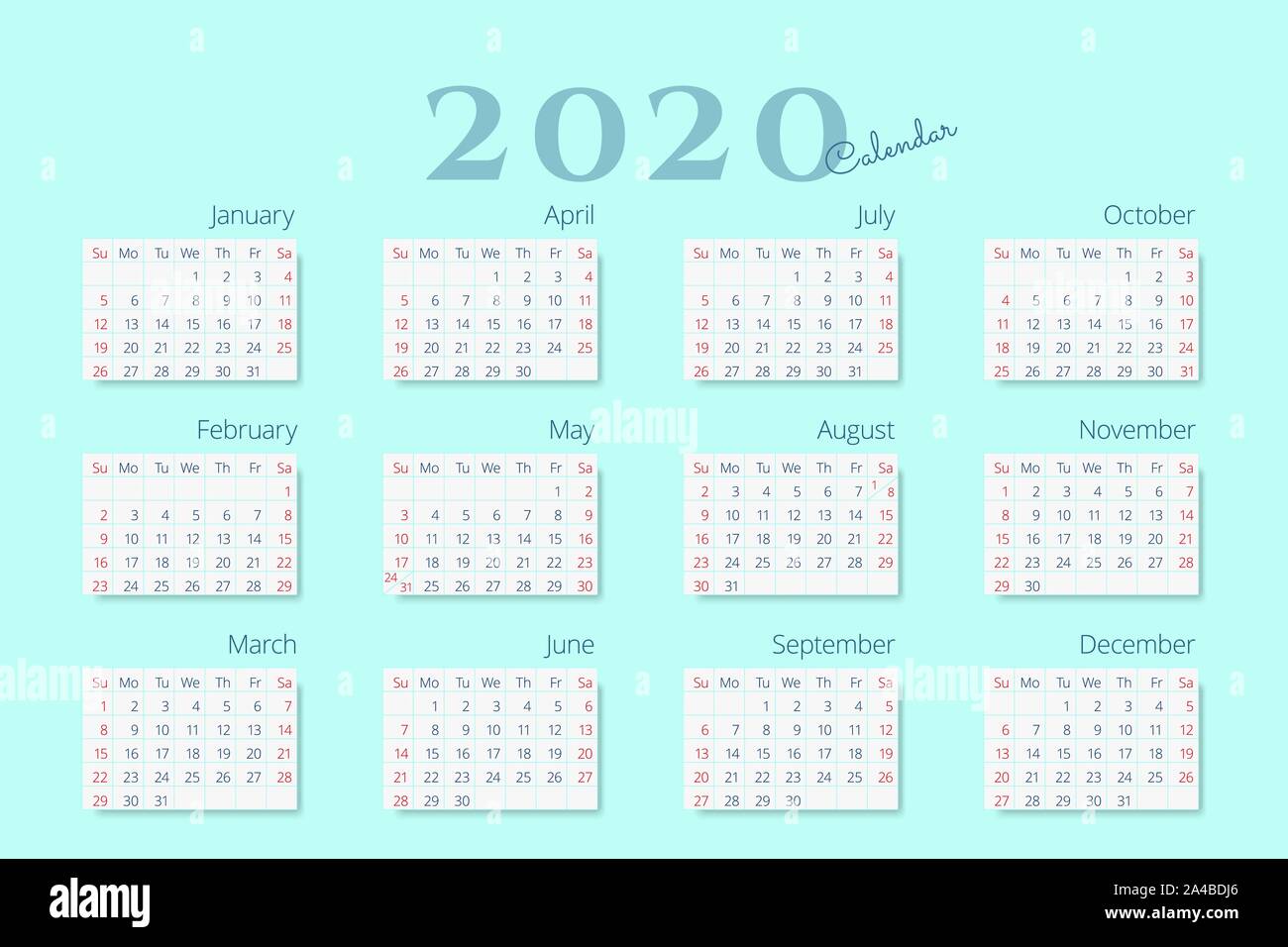 Modèle de calendrier pour l'année 2020 sur fond de couleur menthe. Semaine commence le dimanche. Vector EPS 10 Illustration de Vecteur