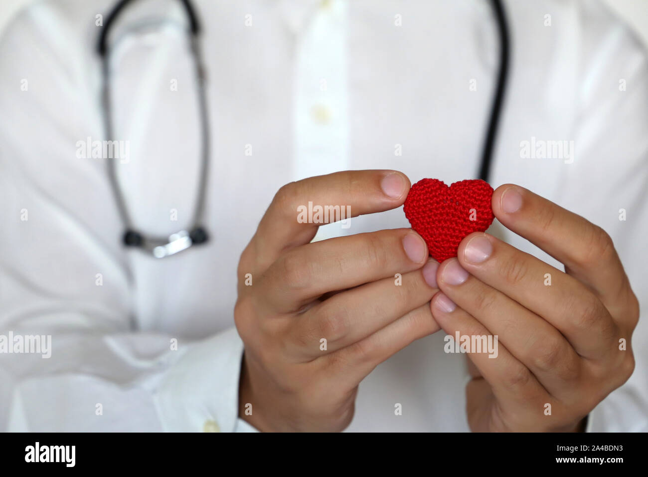 Cardiologie et Soins de santé, médecin holding red en coeur dans les mains près de la poitrine. Cardiologue, don de sang, traitement des maladies du coeur Banque D'Images