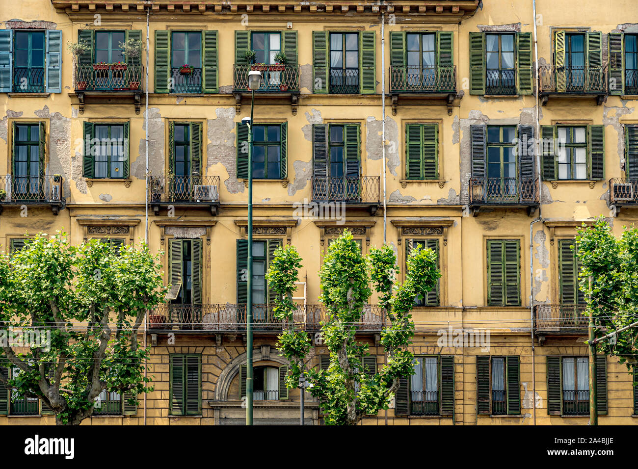 Immeuble jaune vert avec des volets en bois et des balcons en fer forgé le long de Corso Cairoli, Turin, Italie Banque D'Images
