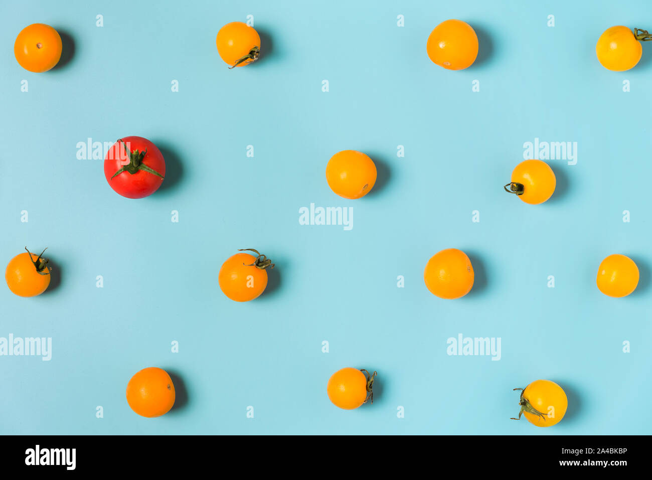 Un rouge cerise Tomate se tenir dehors à partir de tomates jaunes cerise. L'individualité et la différence concept. télévision lay Banque D'Images