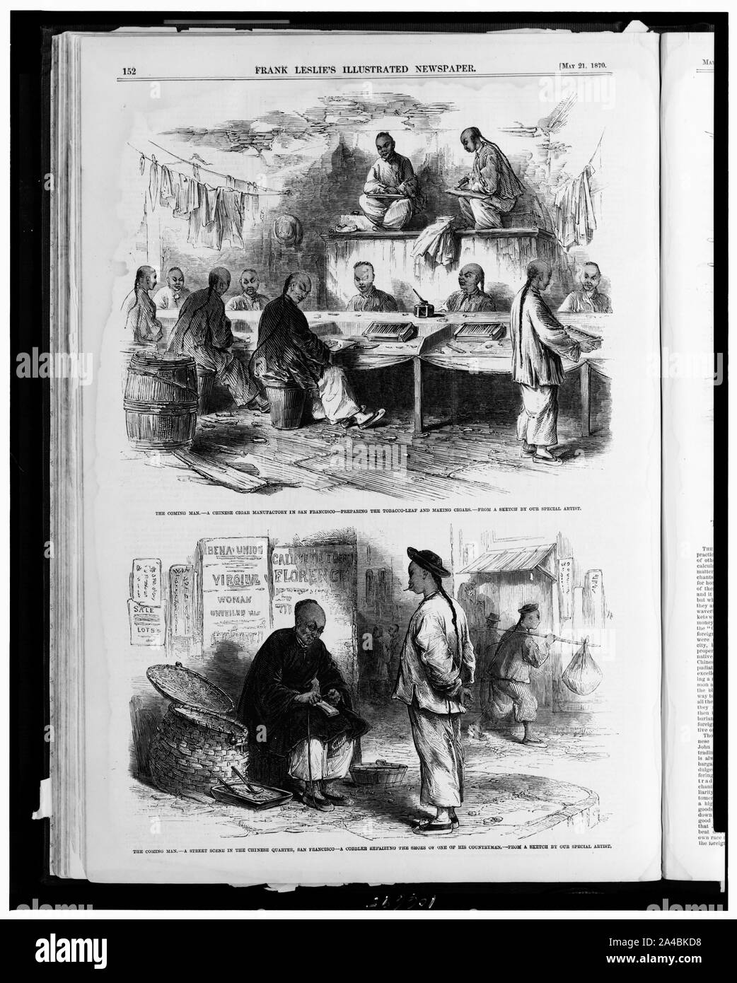 L'homme à venir.--une manufacture de cigares chinois à San Francisco--préparer les feuilles de tabac et de la fabrication des cigares / / à partir d'un sketch par notre artiste. L'homme à venir.--une scène de rue dans le quartier chinois, San Francisco--un cordonnier réparer les chaussures d'un de ses compatriotes / à partir d'un sketch par notre artiste spécial Banque D'Images