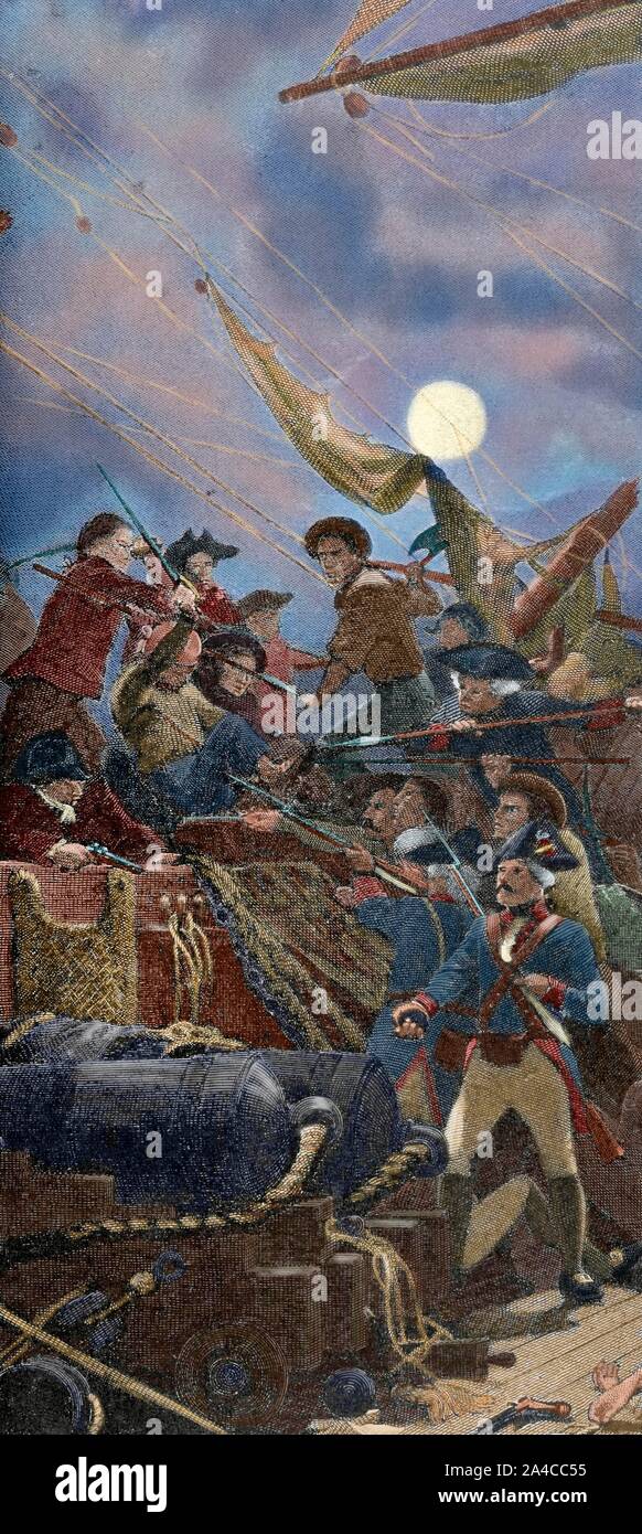 Guerra de la Independencia Americana (1775-1783). John Paul Jones (1747-1792) capturando el barco británico Sérapis el 23 de septiembre de 1779. Révolution américaine. La gravure. Siglo XIX. Coloreado. Banque D'Images