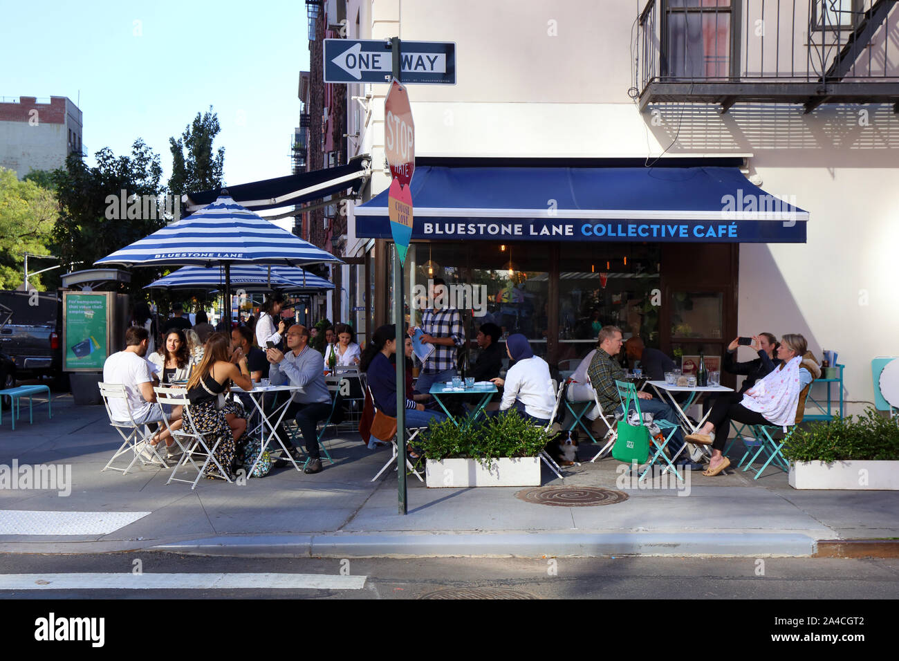Lane Bluestone, Café Collective 55 Greenwich Avenue, New York, NY devanture extérieure d'un café-terrasse à la mode de Manhattan dans le Greenwich Village. Banque D'Images