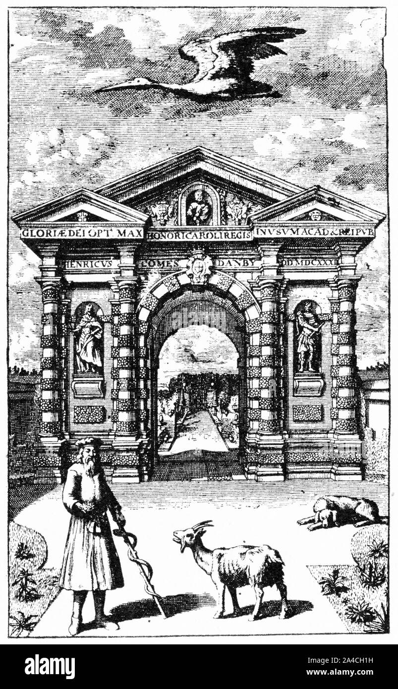 Page de titre de la botanistes par John Gilbert avec vertumnus, le dieu romain des saisons et de changement. Le barbu figure est Jacob Bobart, surintendant de l'Oxford Physic Garden en 1632. Banque D'Images