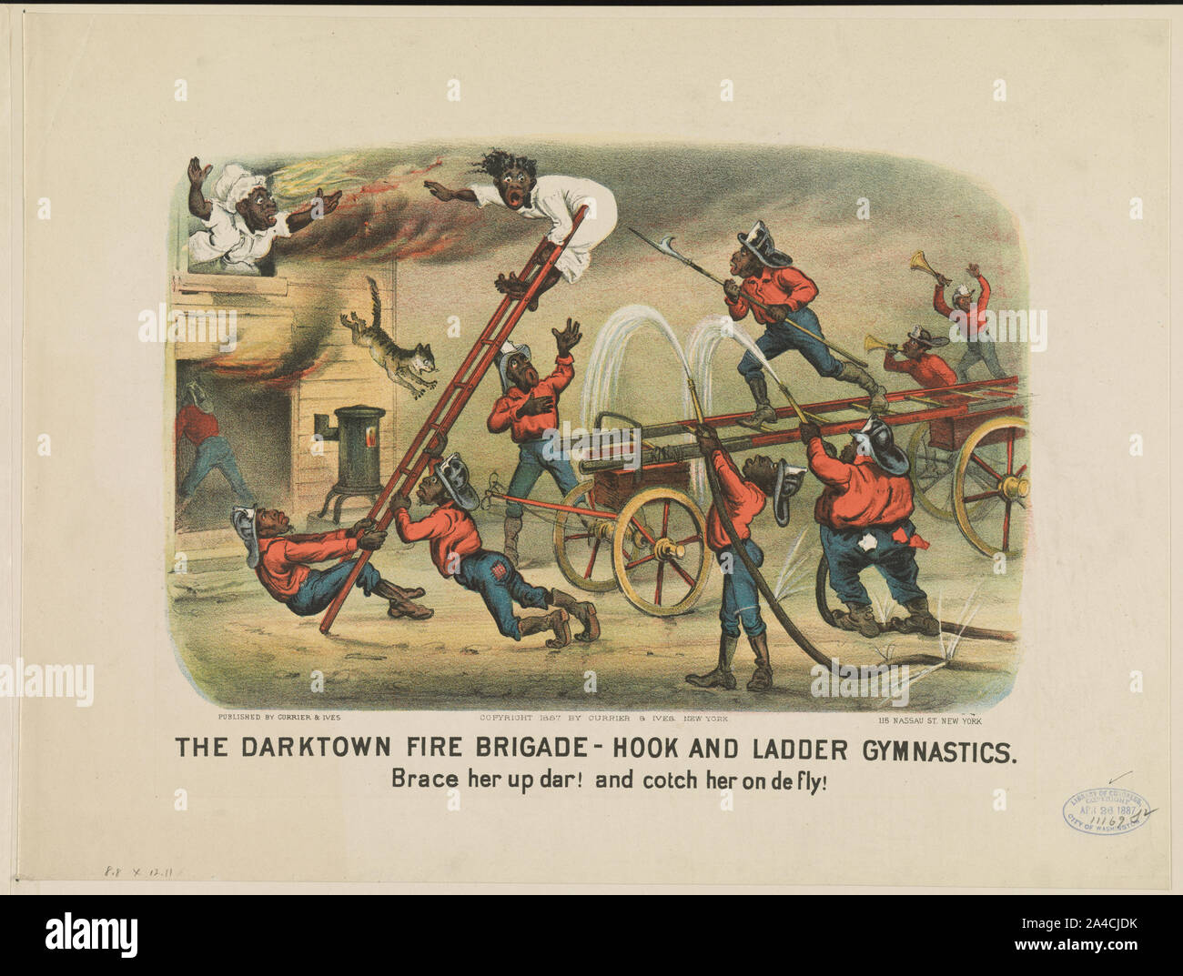 La brigade incendie darktown-hook et l'échelle la gymnastique : Brace sa place dar ! Et sur son cotch de Fly ! Banque D'Images