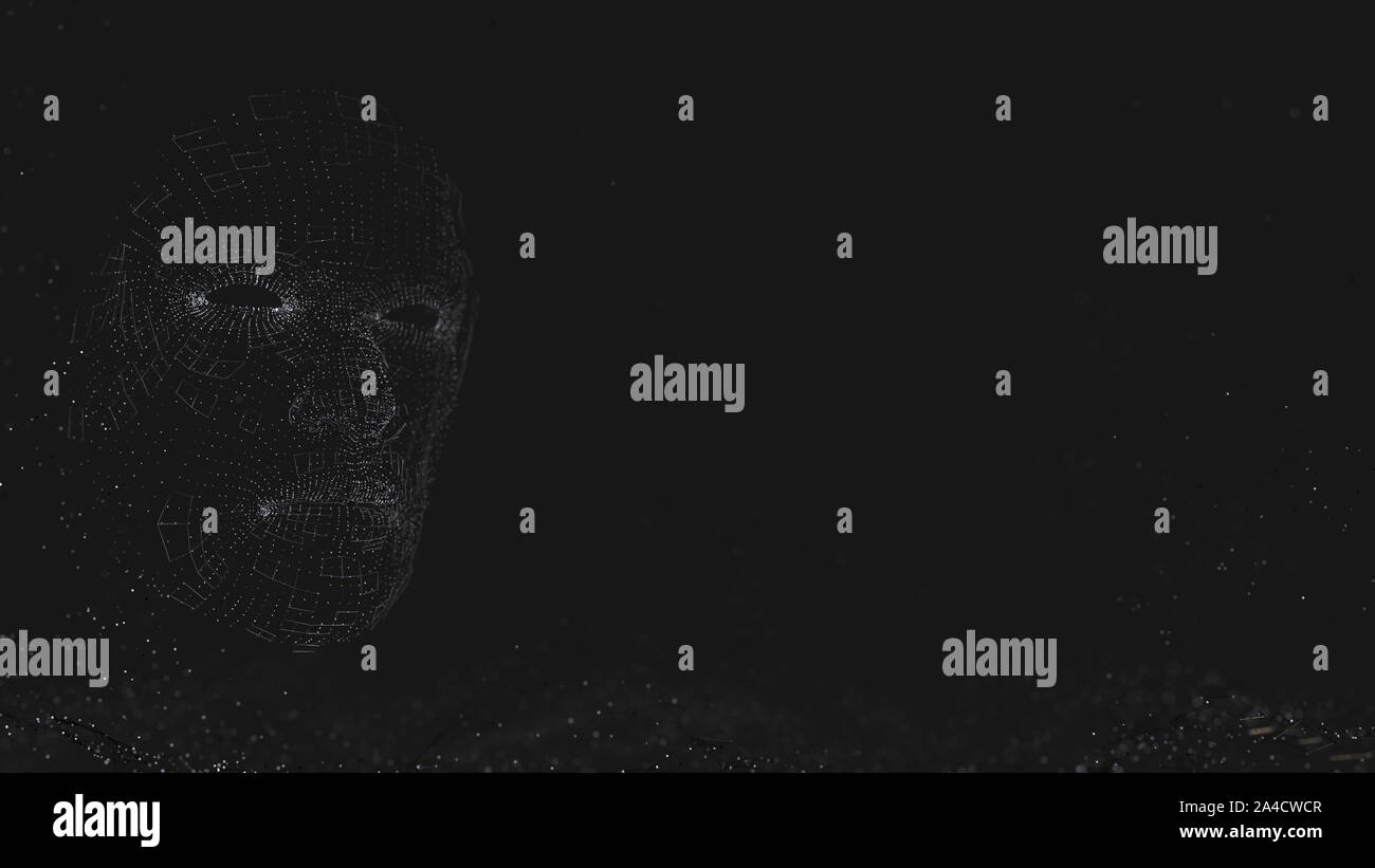 Visage humain composé de lignes et points lumineux. 3D illustration sur fond noir Banque D'Images
