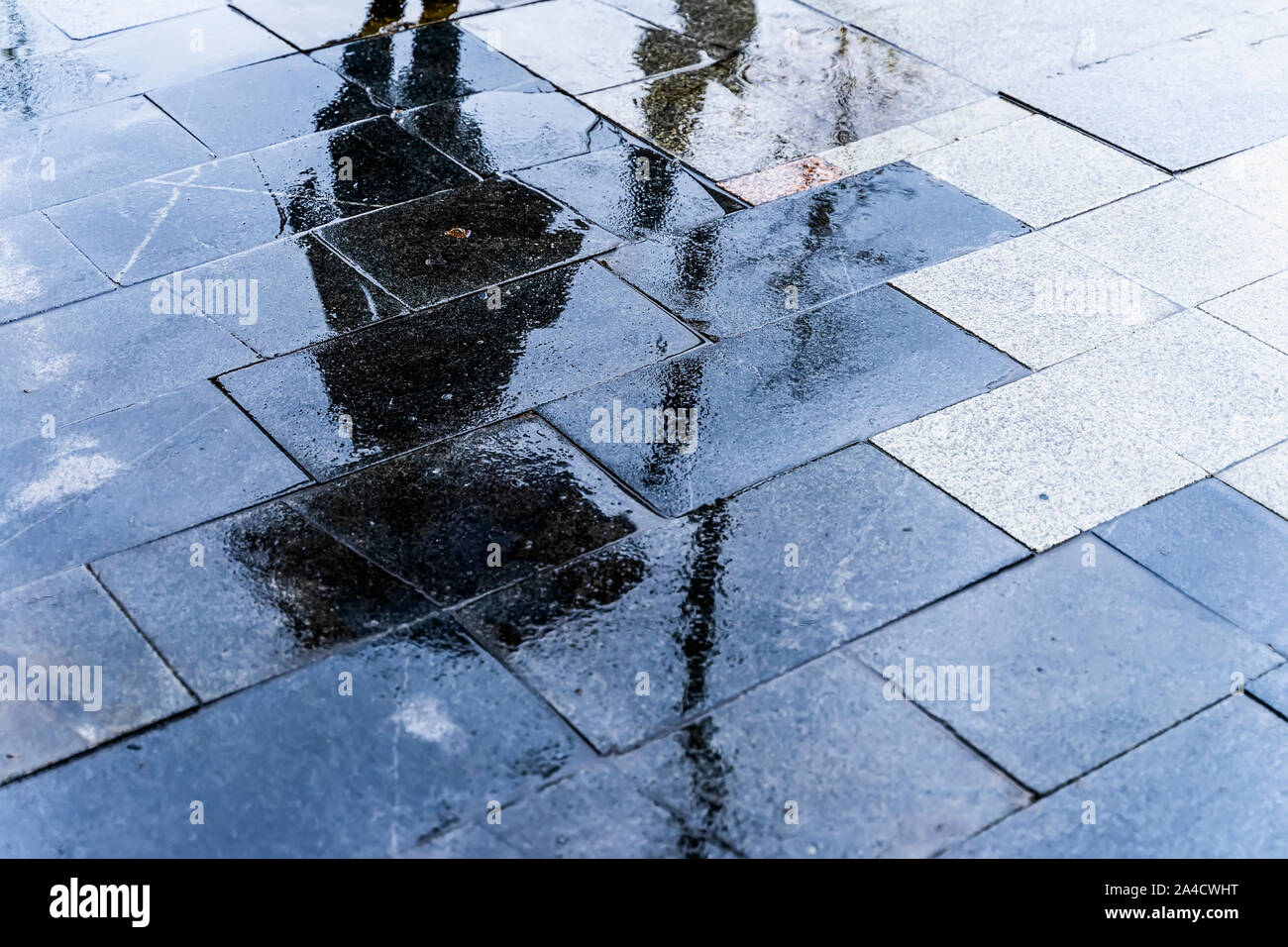 Réflexion floue ombre silhouette d'une femme de marcher sous parapluie dans une ville piétonne Rue humide dans une flaque, soir de pluie d'automne Banque D'Images