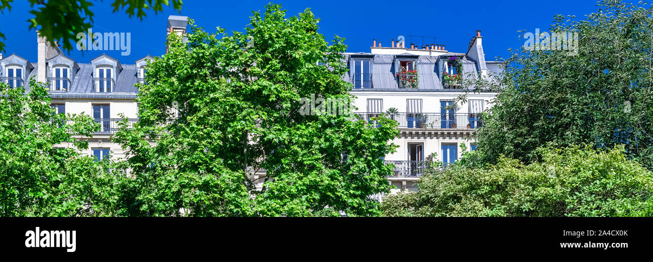 Paris, Parisian façade dans un quartier chic, balcon typique et windows Banque D'Images