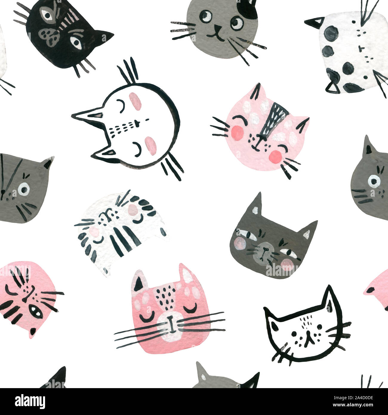 Aquarelle cute cats est confrontée à une tendance. Sweet cat muselières arrière-plan. Conception de pépinière dans un style scandinave. Arrière-plan de puériles peints à la main Banque D'Images