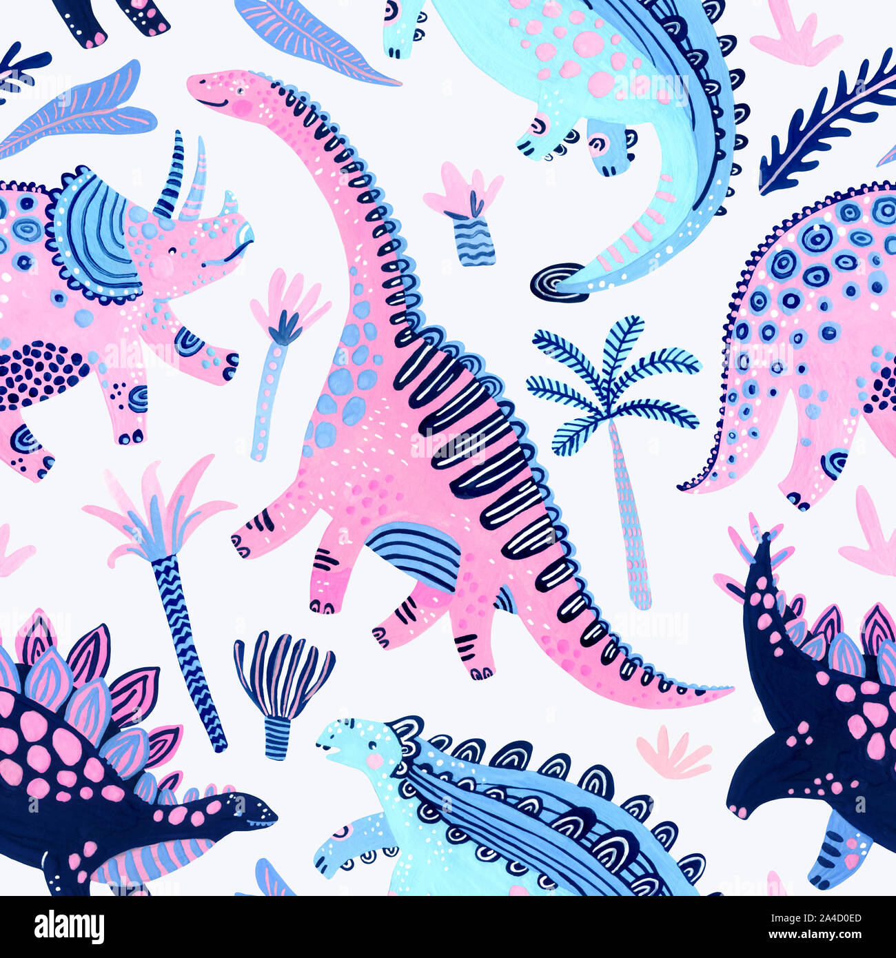Cute cartoon dinosaures modèle homogène dans un style scandinave. Aquarelle peinte à la main et dino fleurs tropicales illustration. Art pépinière pour childis Banque D'Images