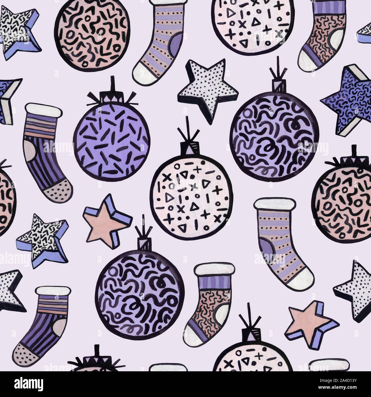 Aquarelle de Noël motif transparente dans un minimum de style memphis avec des étoiles, des chaussettes, des balles. Design tendance pour célébration Contexte, papier peint, rétractable Banque D'Images