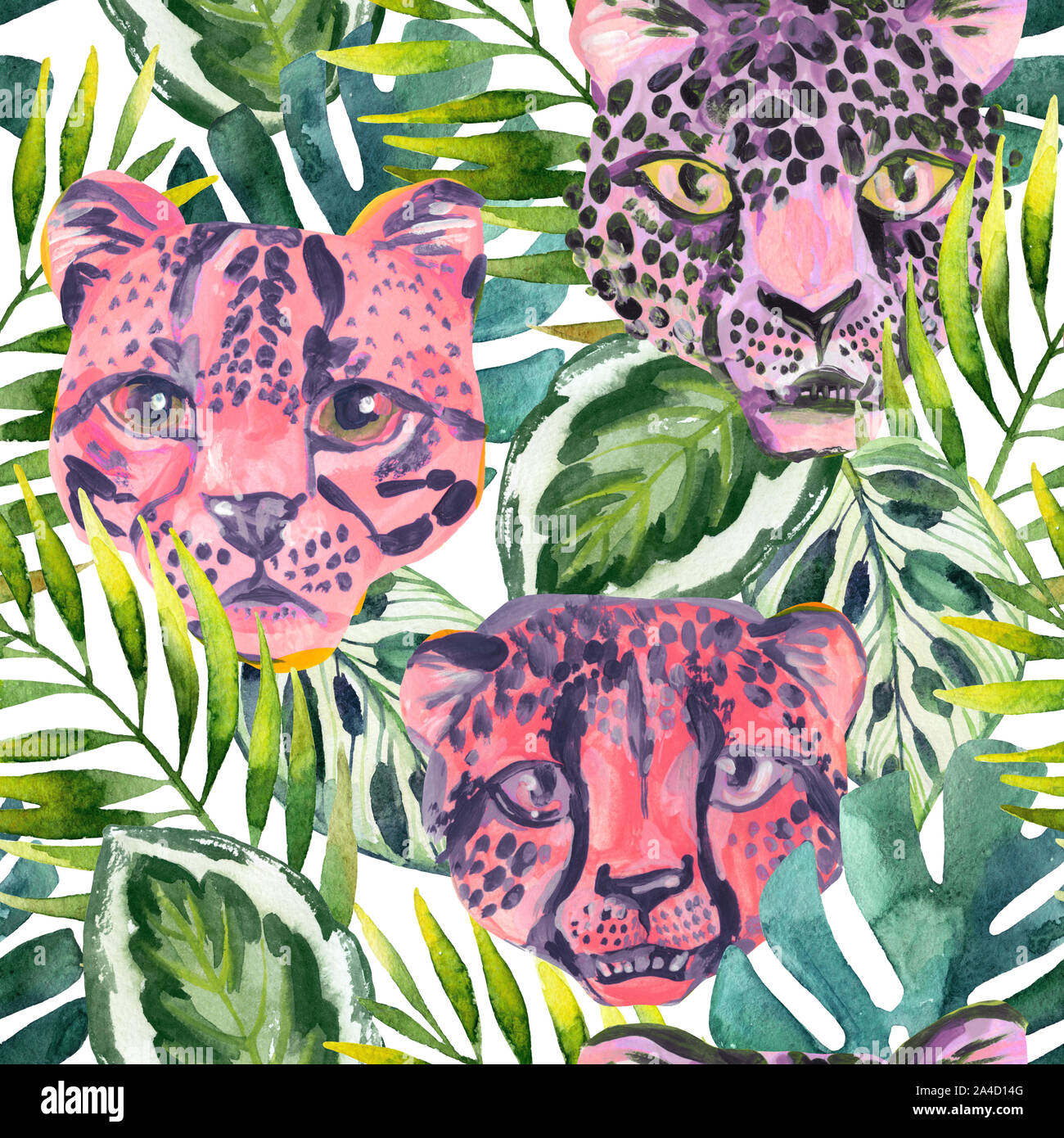 Animaux d'Afrique à la mode Cool modèle transparent. Motif imprimé animal aquarelle avec mignon léopard, Guépard, Jaguar muselières en jungle. Été la nature grap Banque D'Images