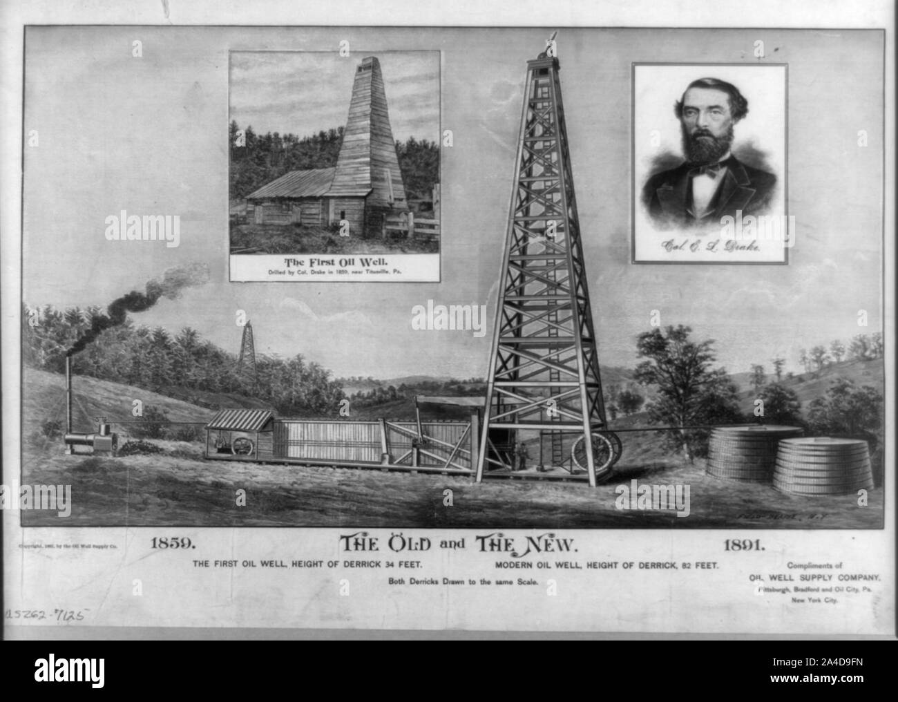 L'ancien et le nouveau., le premier puits de pétrole, puits de pétrole modernes... Banque D'Images