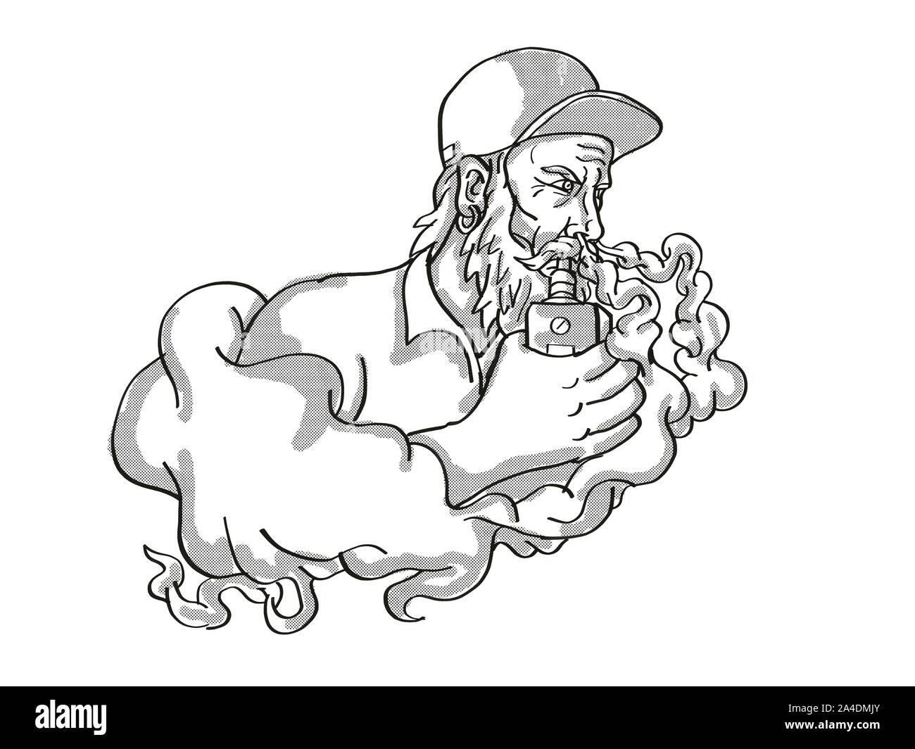 Cartoon style tatouage dessin illustration d'un Hipster Barbu Vaping souffler fumée fumer cigarette électronique ou vaper sur fond isolé fait Banque D'Images