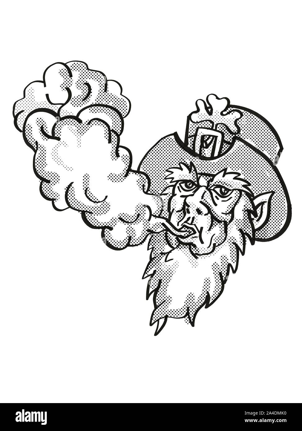 Cartoon style tatouage dessin illustration d'un farfadet irlandais Vaping souffler la fumée sur fond isolé en noir et blanc. Banque D'Images