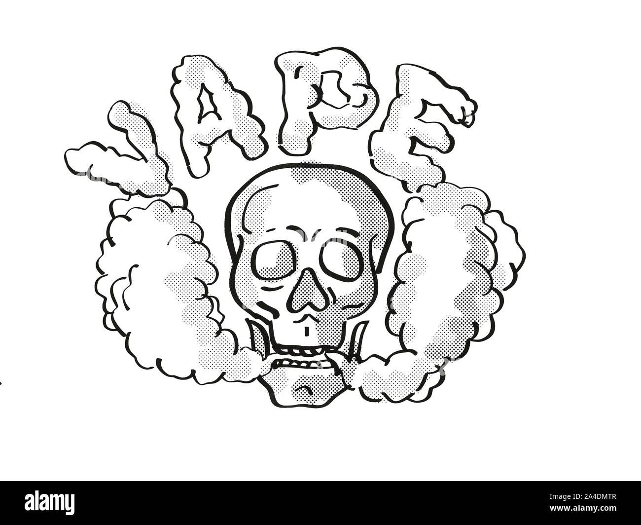 Vaping squelette humain avec la cigarette électronique de vapoing.Dessin  noir et blanc Photo Stock