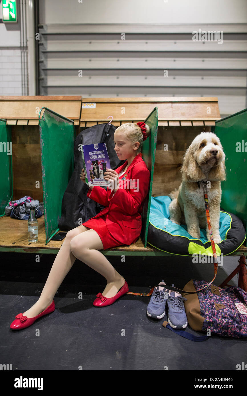 La découverte de l'exposition du Club Canin Chiens à Excel London, UK. Grace Westow de Frinton and, Essex, assis à attendre avec Dobby, Cockerspaniel Cross caniche. Banque D'Images