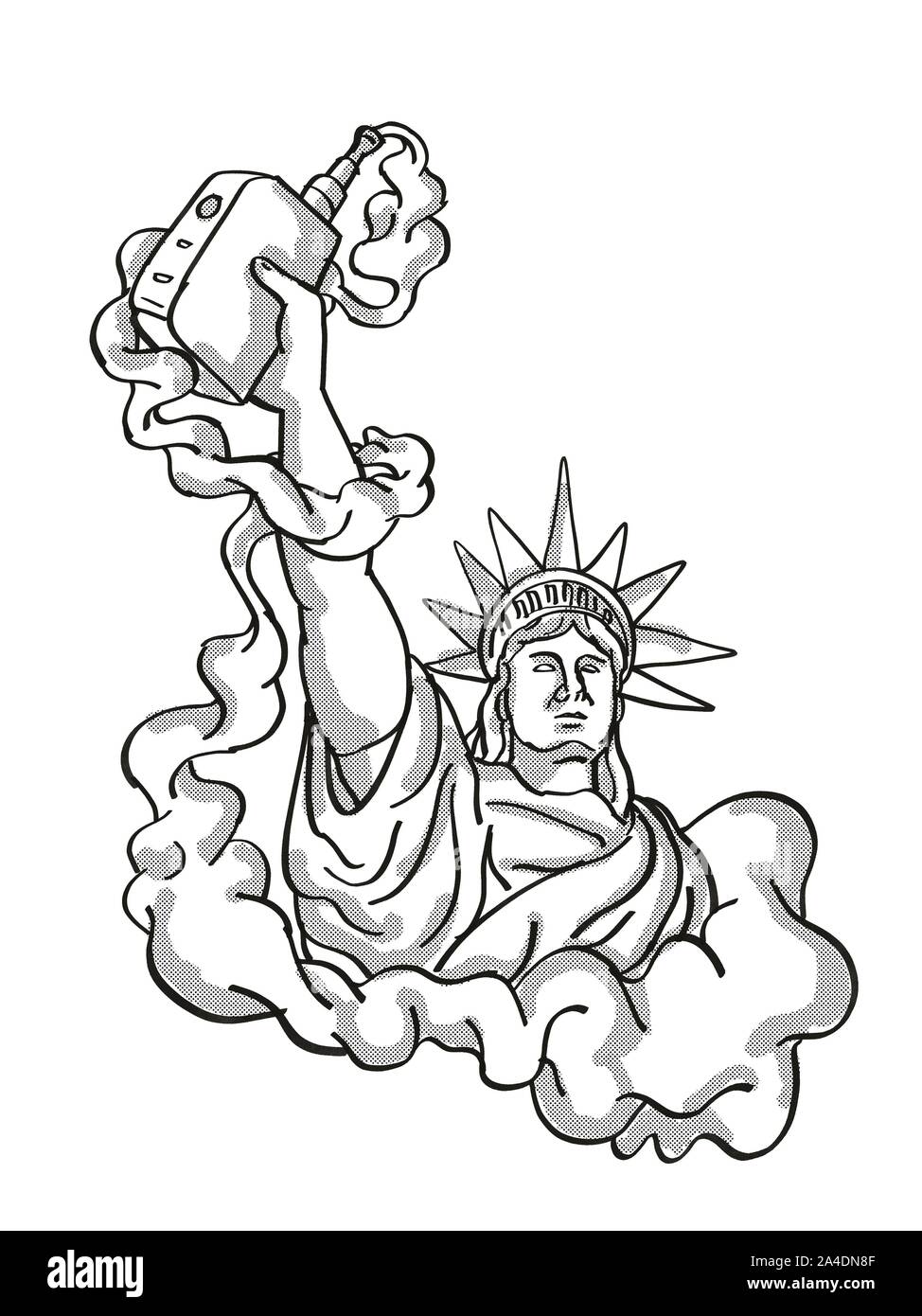 Cartoon style tatouage dessin illustration de Statue de la liberté tenant Vape Cigarette électronique ou vaper fumeurs avec bouffée de fumée sur des backg Banque D'Images