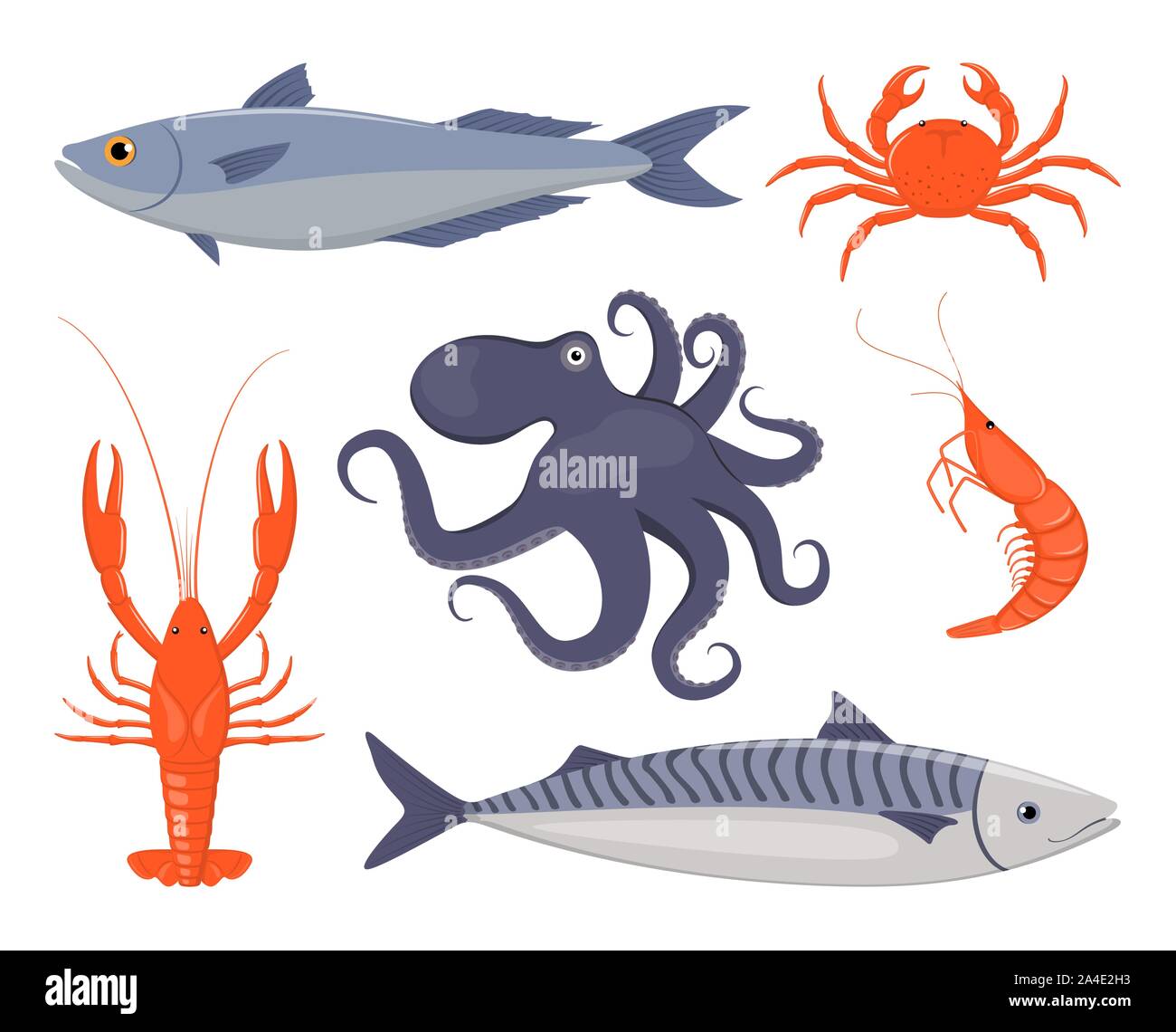 Set de fruits de mer. Saumon, crabe, homard, poulpe, crevettes, maquereaux dans télévision style. Fruits de mer Poissons d'icônes pour restaurant menu Vector illustration Illustration de Vecteur