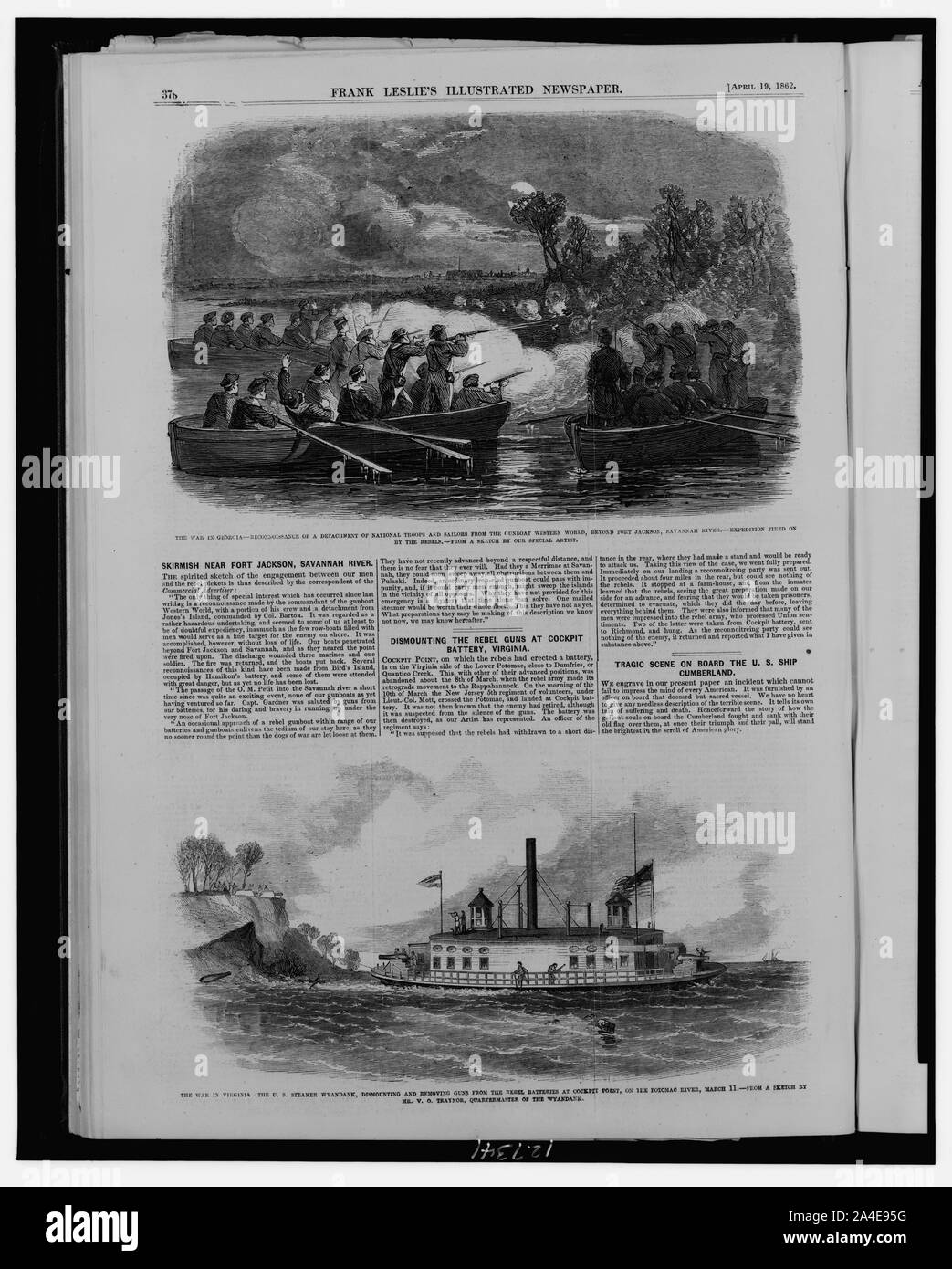 La guerre en Géorgie -- Reconnoissance d'un détachement de troupes nationales et les marins de la canonnière monde occidental, au-delà de Fort Jackson, Savannah River -- feu sur l'expédition par les rebelles / à partir d'un sketch par notre artiste. La guerre en Virginie Banque D'Images