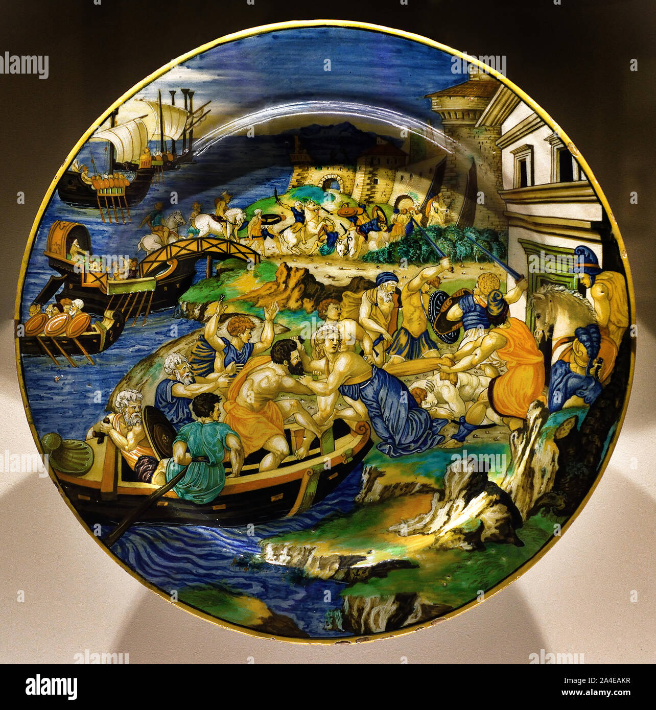 L'enlèvement d'Hélène par les Troyens.1537 par Francesco Xanto Avelli (Italien, Actif 1524 - 1542 Urbiono ) Il montre le moment où Helen, la belle fille de Zeus, est d'être contraints à un bateau par les trojans. Son enlèvement a provoqué une guerre entre les Grecs et les hommes de Troie. L'Italie, l'italien. Banque D'Images