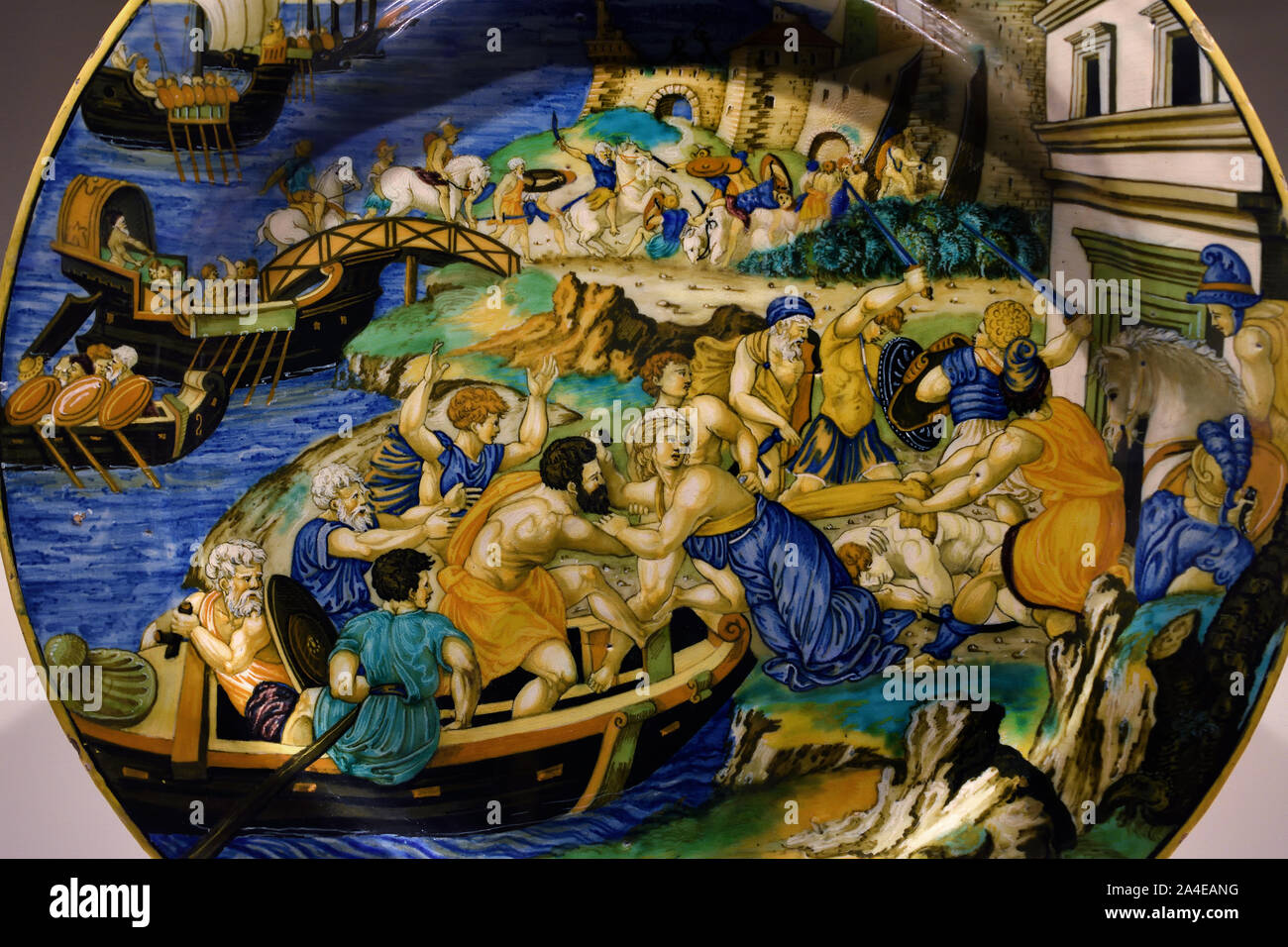 L'enlèvement d'Hélène par les Troyens.1537 par Francesco Xanto Avelli (Italien, Actif 1524 - 1542 Urbiono ) Il montre le moment où Helen, la belle fille de Zeus, est d'être contraints à un bateau par les trojans. Son enlèvement a provoqué une guerre entre les Grecs et les hommes de Troie. L'Italie, l'italien. Banque D'Images