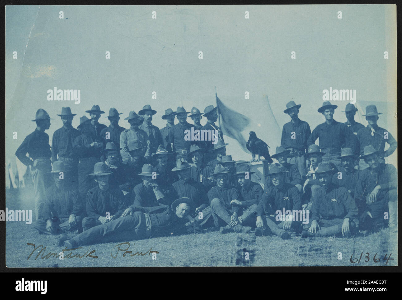 Theodore Roosevelt's Rough Riders, hommes et d'oiseaux, mascotte à camp militaire, Montauk Point, New York Banque D'Images