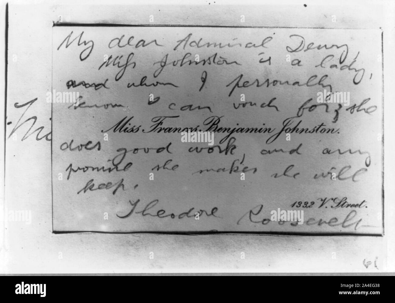 Theodore Roosevelt's card d'introduction recommander Frances Benjamin Johnston comme photographe à l'amiral George Dewey, 1899 Banque D'Images