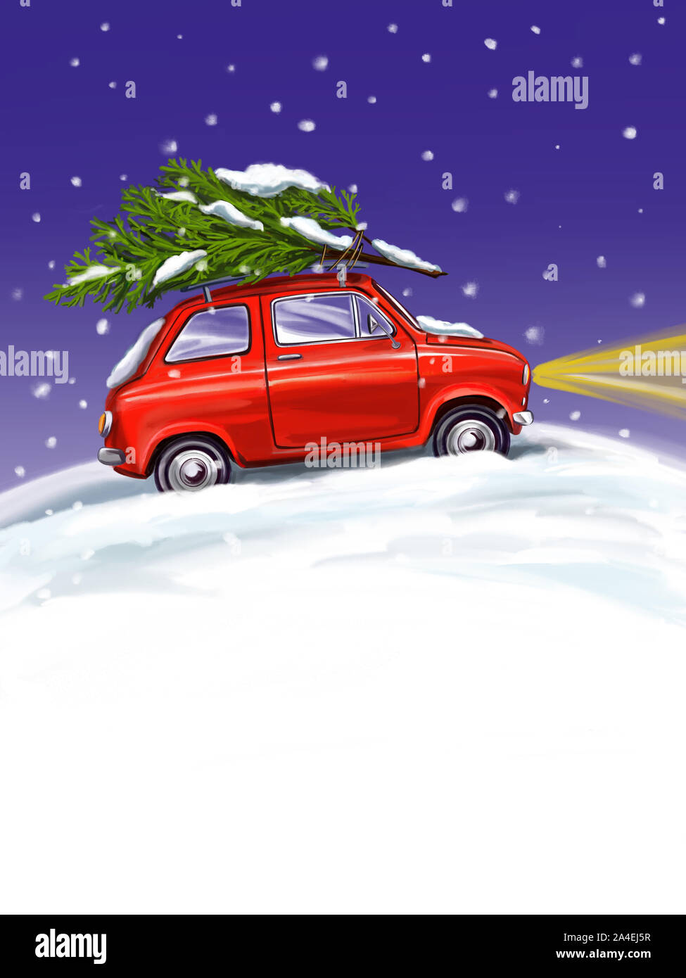 Arbre de Noël sur la voiture, noël ornement décoratif, l'art illustration peinte avec aquarelles isolé sur fond blanc. Banque D'Images