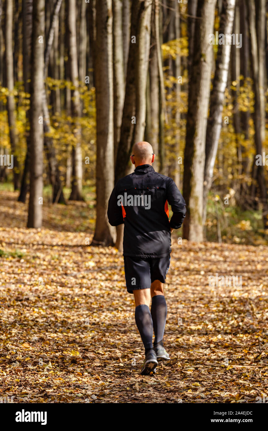 Homme qui court dans la for t en automne lumineux matin Photo