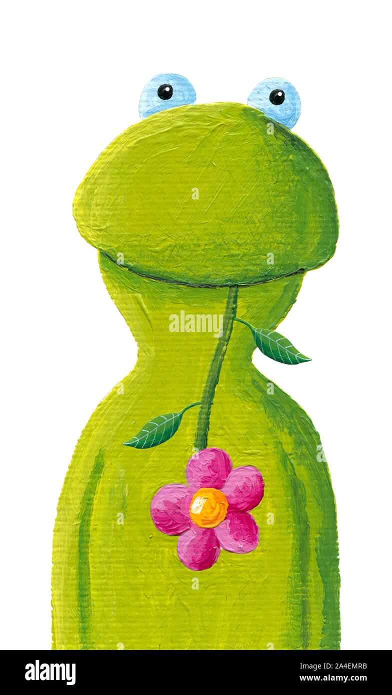 Illustration de l'acrylique grenouille drôle avec une fleur rose dans la bouche Banque D'Images