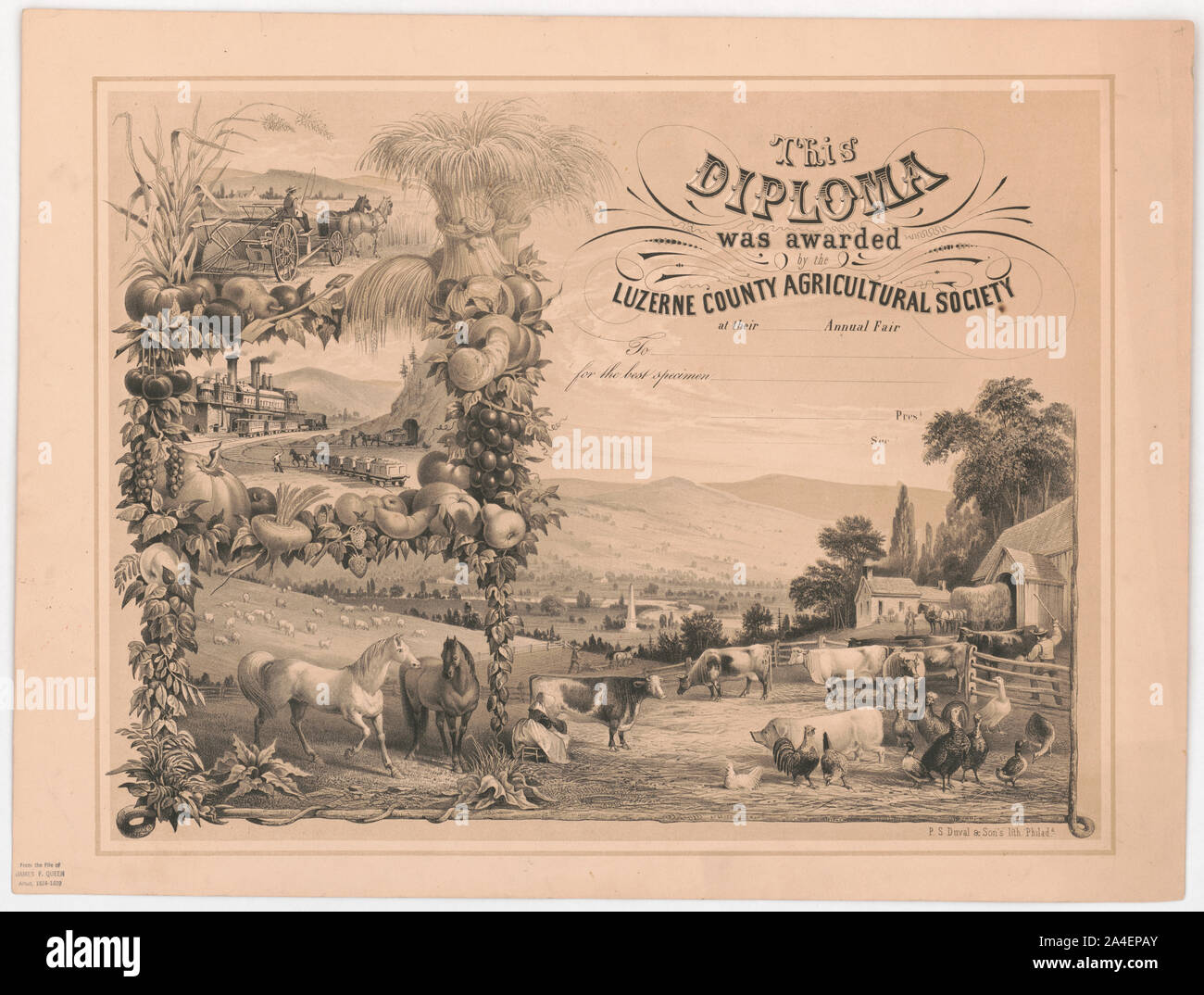 Ce diplôme a été décerné par la Société d'agriculture du comté de Luzerne à leur [Vierge] foire annuelle / P.S. Duval & Son's lith. Philada. Banque D'Images