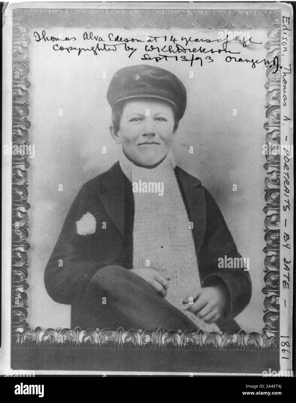 Thomas Alva Edison à l'âge de 14 ans, 1/2, assis, en face légèrement à droite Banque D'Images