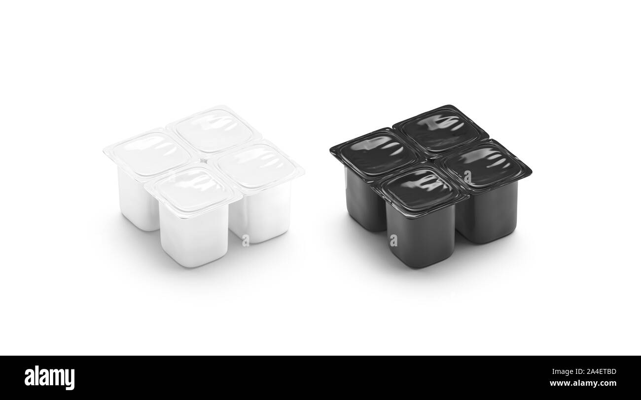 Maquette de boîte de yogourt vierge noir et blanc, 4 unités, isolée Banque D'Images