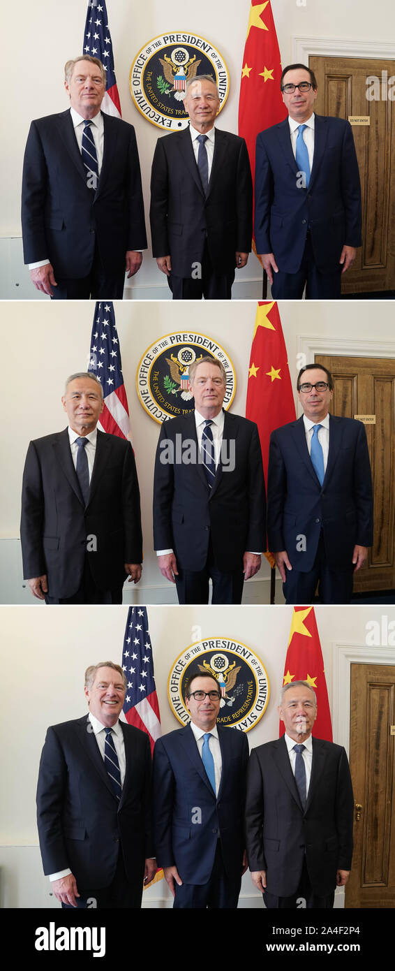 Beijing, USA. 10 Oct, 2019. Ce combo photo montre le vice-Premier ministre chinois Liu Il, également membre du Bureau politique du parti communiste de Chine et chef du Comité central de la partie chinoise de la Chine et les États-Unis dialogue économique globale, pour assister à un nouveau cycle de consultations économiques et commerciales avec le représentant américain au Commerce, Robert Lighthizer et secrétaire du Trésor Steven Mnuchin à Washington, DC, États-Unis, le 10 octobre 2019. Credit : Liu Jie/Xinhua/Alamy Live News Banque D'Images